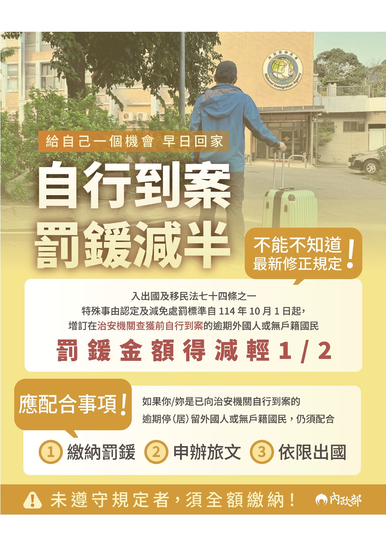  為提升逾期停（居）留之臺灣地區無戶籍國民及外國人自行到案意願，內政部「自行到案罰鍰減半」文宣共同宣導政策